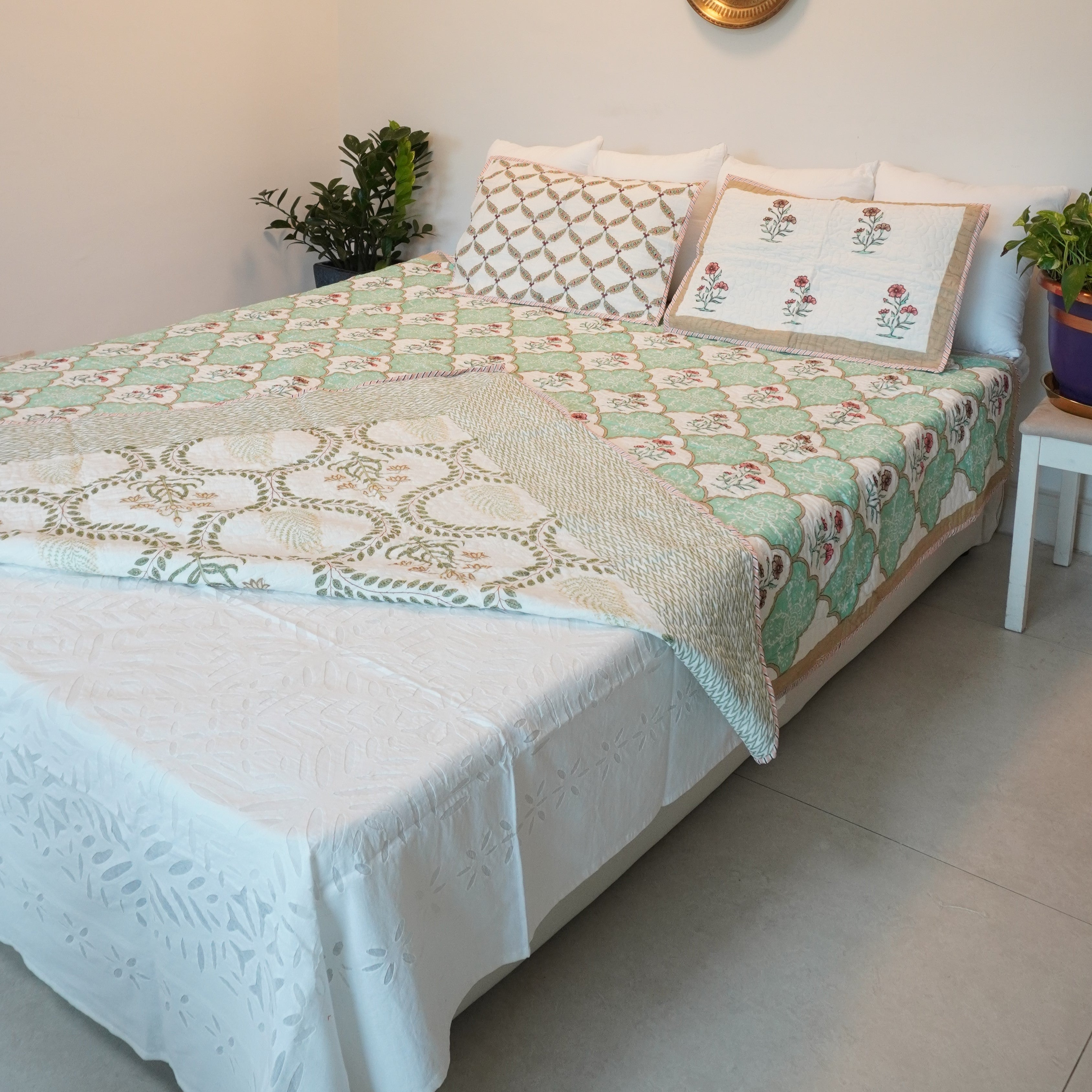 Symphony Hand Block Printed Quilted Bedcover