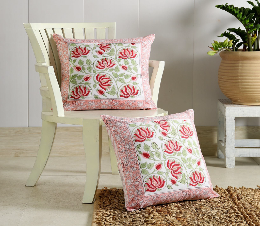 Lotus(set of 5) - 16x16 Hand Block Cotton Cushion Cover