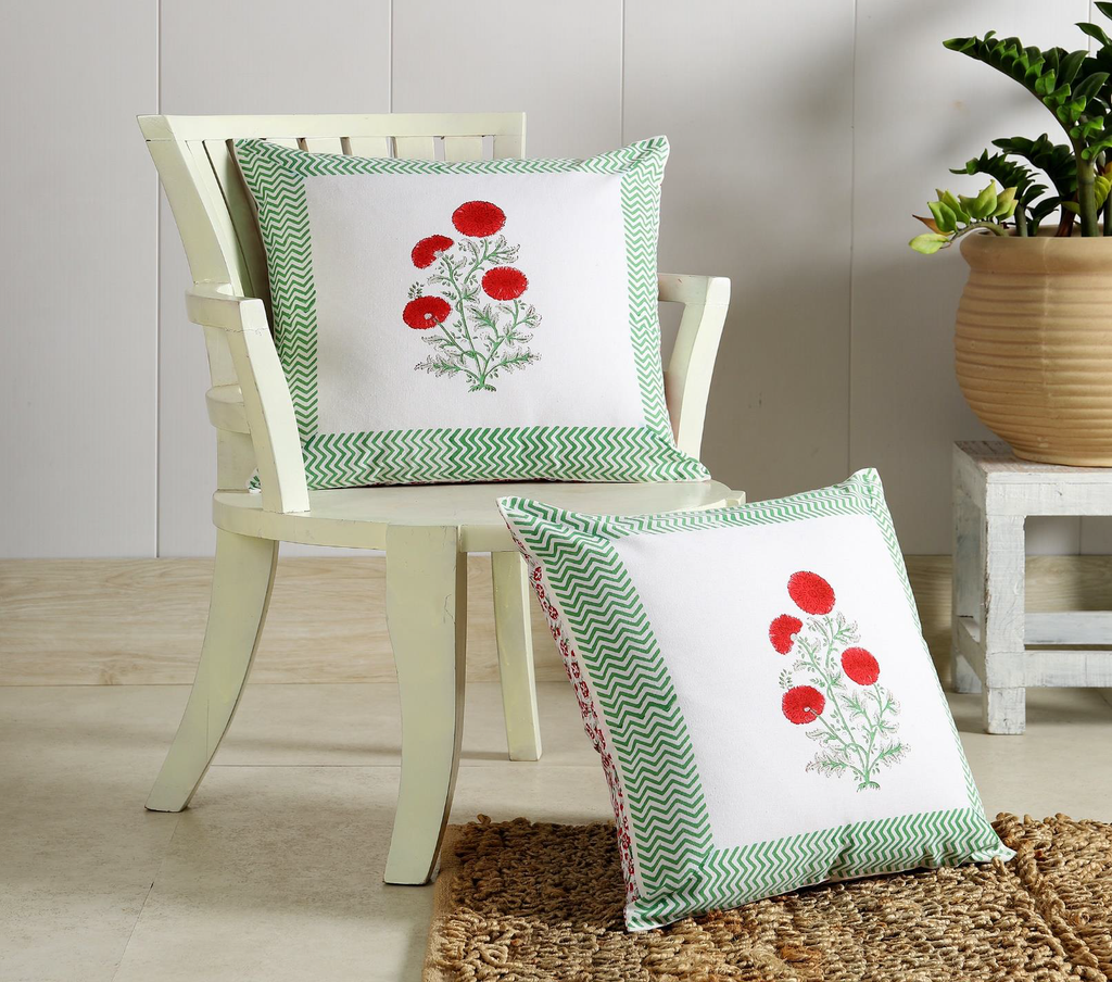 Scarlet Petals(set of 5) - 16x16 Hand Block Cotton Cushion Cover