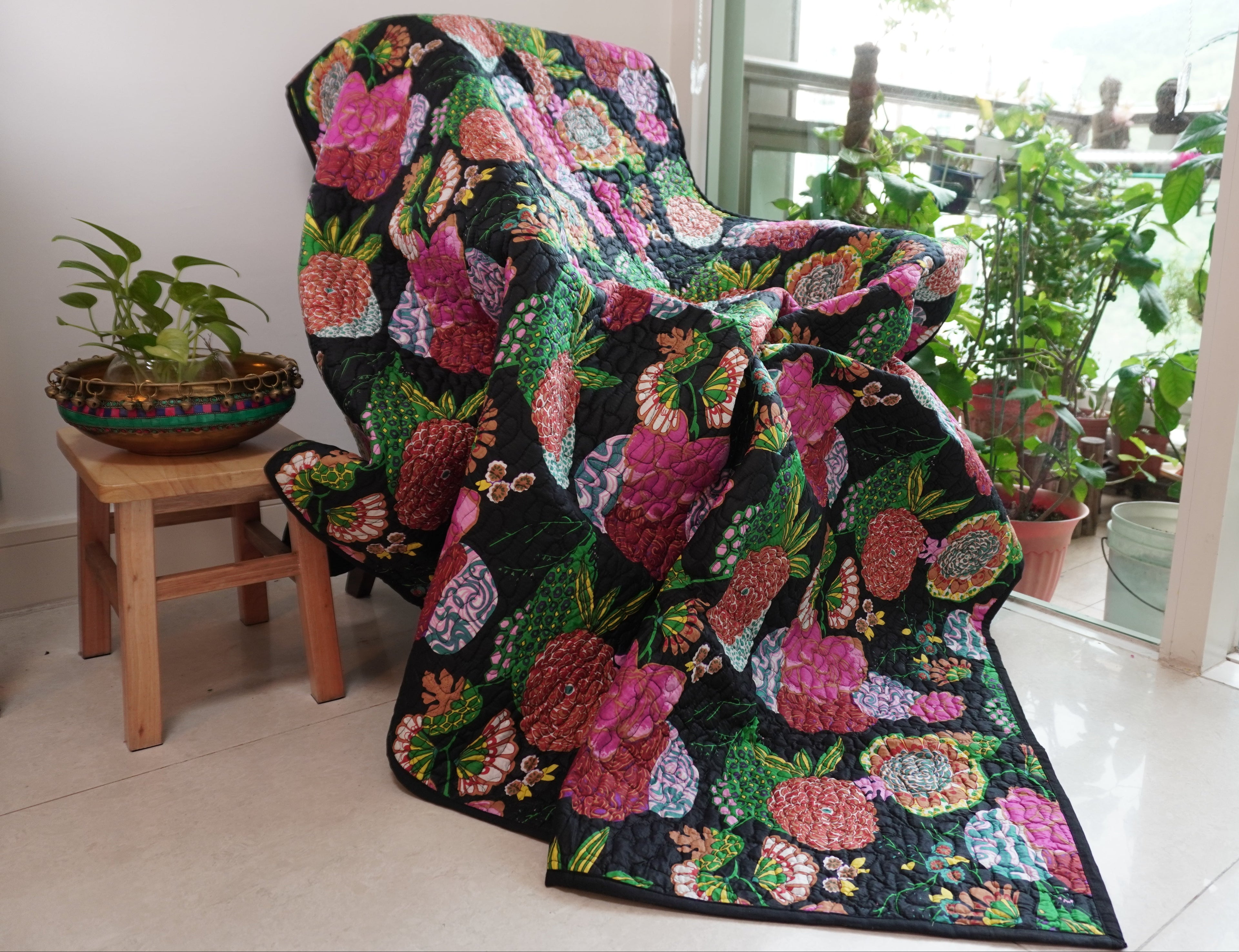 Black Floral Hand Quilted Throw