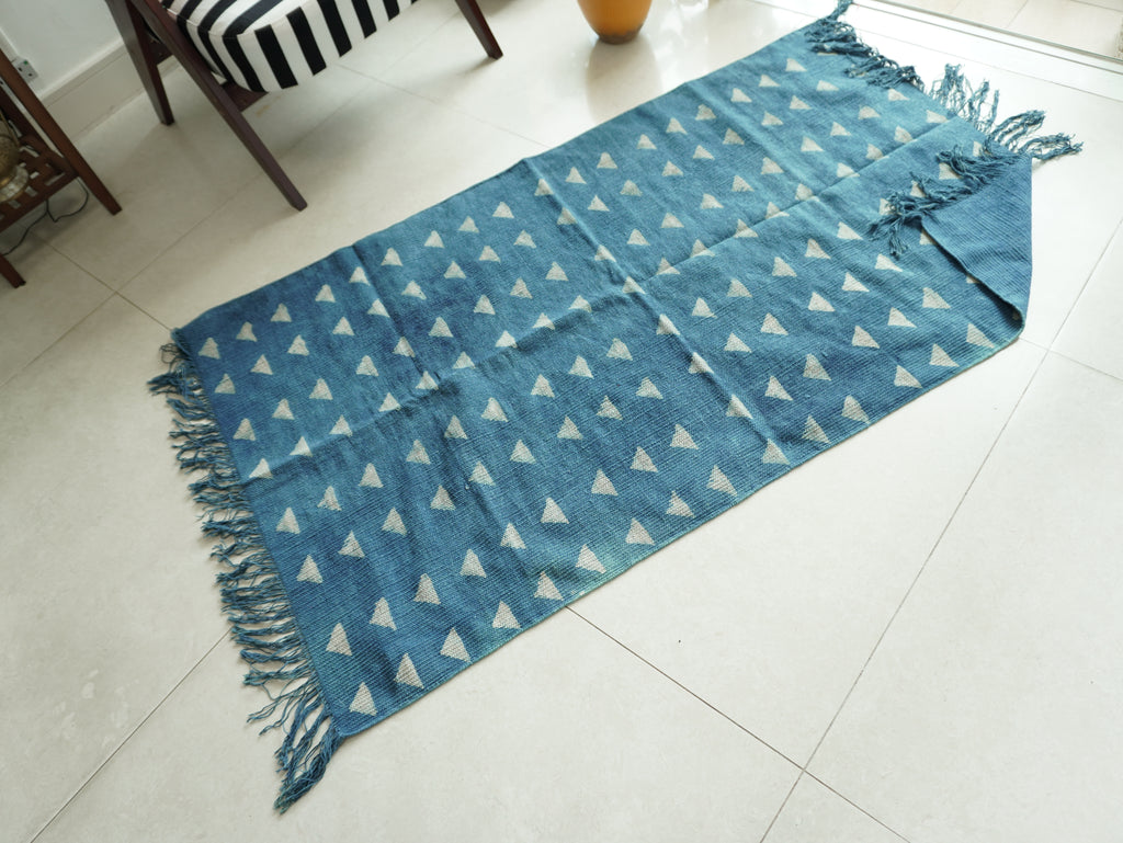 Indigo Tribal Triangle Hand Block Printed Rug ( 3x5 Ft )