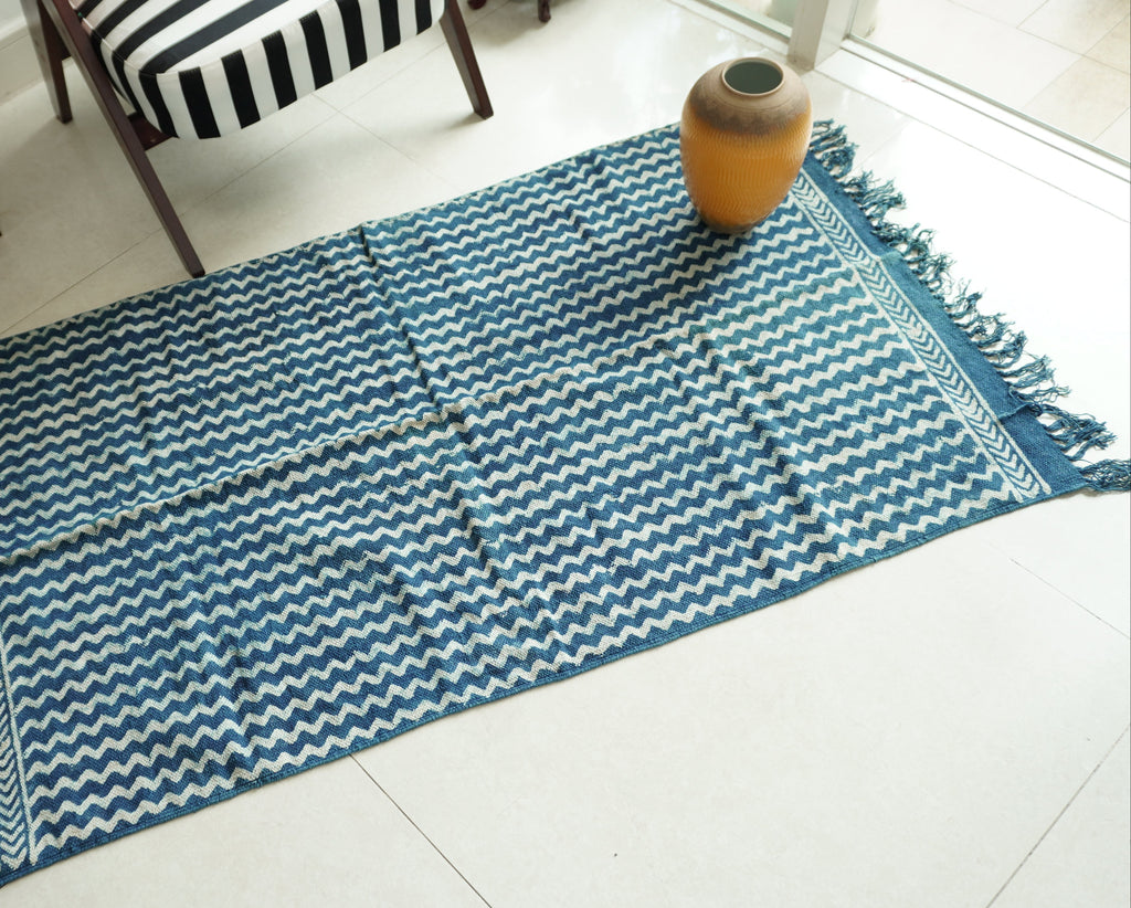 Chevron Indigo Hand Block Printed Rug ( 3x5 Ft )
