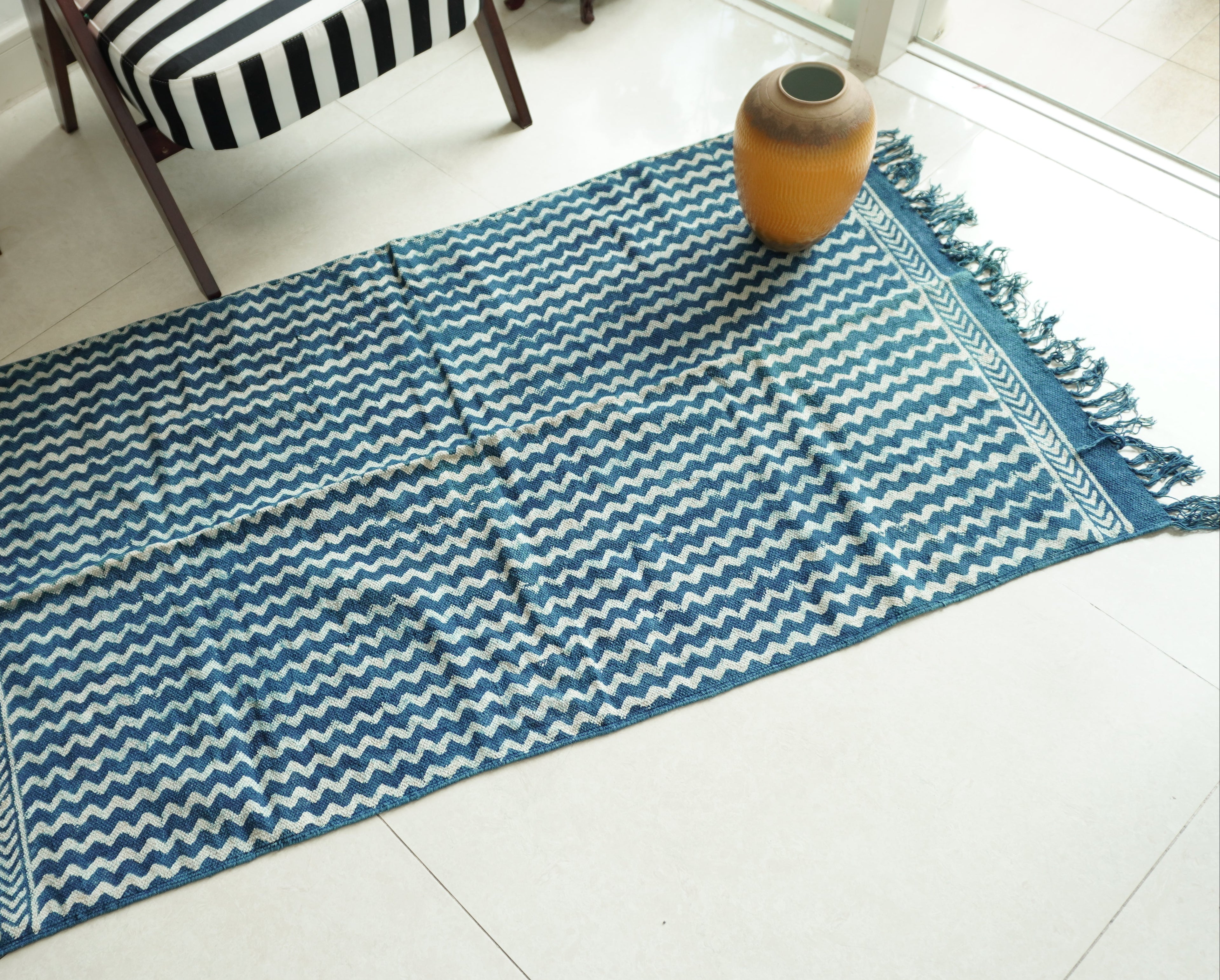 Chevron Indigo Hand Block Printed Rug ( 3x5 Ft )