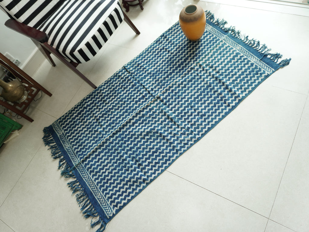 Chevron Indigo Hand Block Printed Rug ( 3x5 Ft )