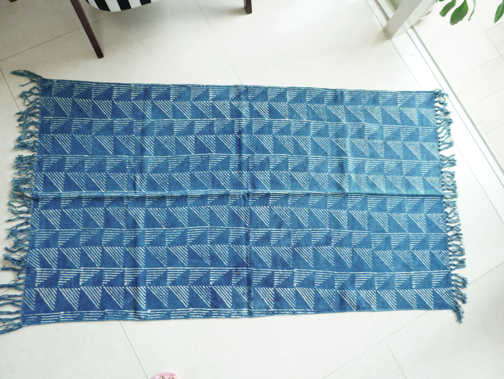 Geometric Illusion Indigo Hand Block Printed Rug ( 3x5 Ft )