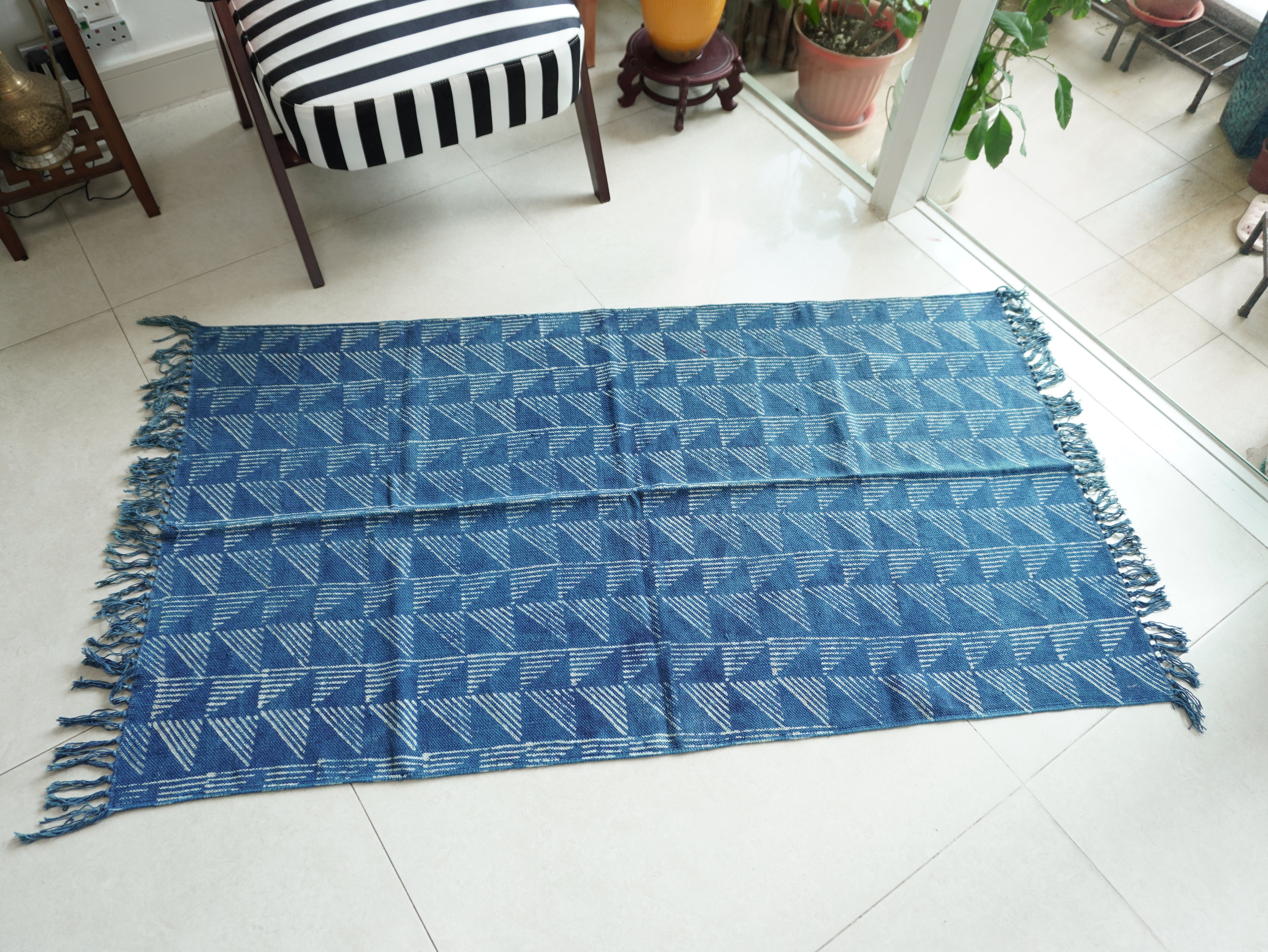 Geometric Illusion Indigo Hand Block Printed Rug ( 3x5 Ft )