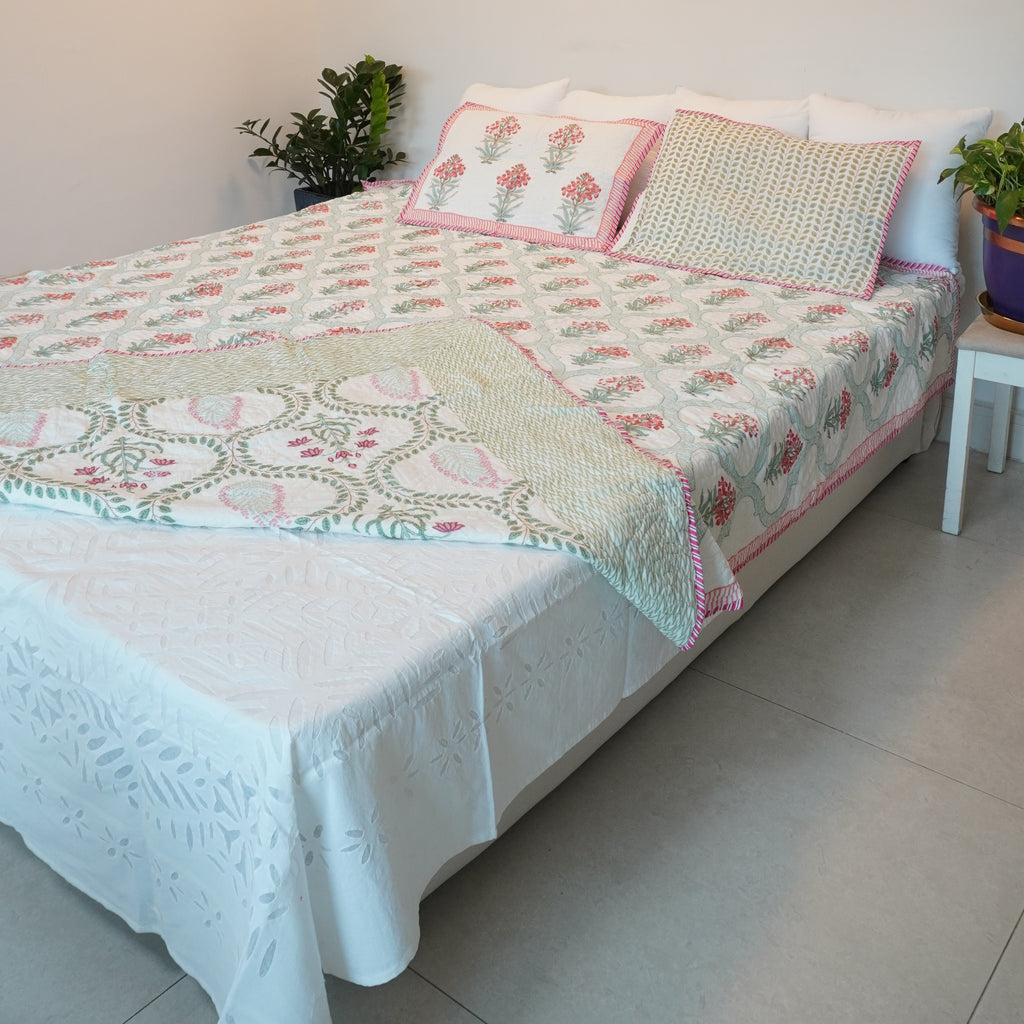 Ikebana Hand Block Printed Quilted Bedcover
