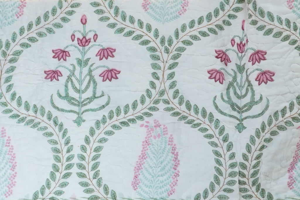 Ikebana Hand Block Printed Quilted Bedcover
