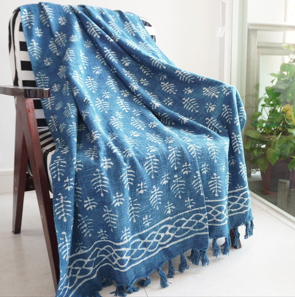 Indigo Tribal Leaf Throw Blanket
