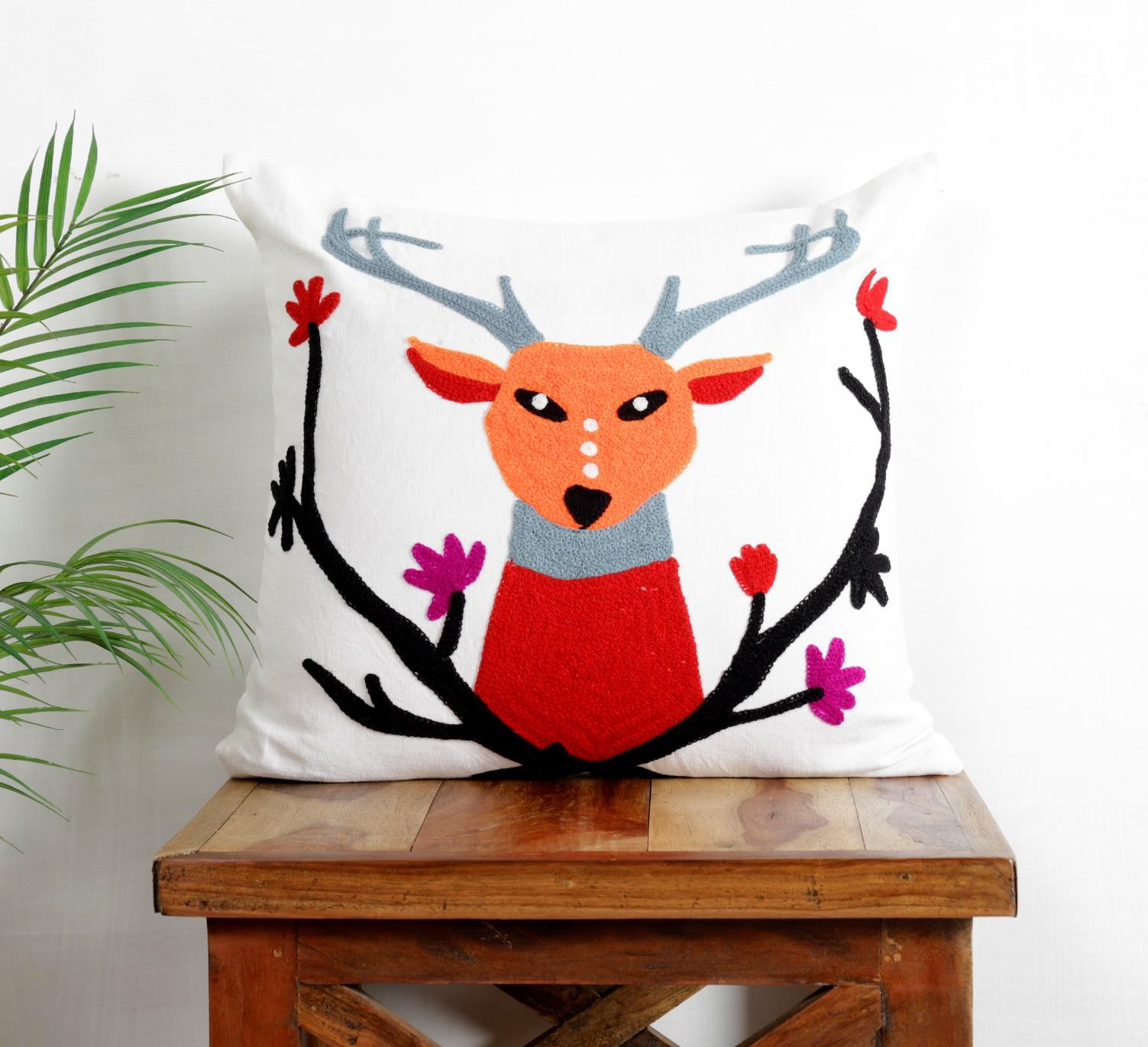 Reindeer - 16x16 Inch (Set Of 5) Embroidered Cotton Cushion Cover