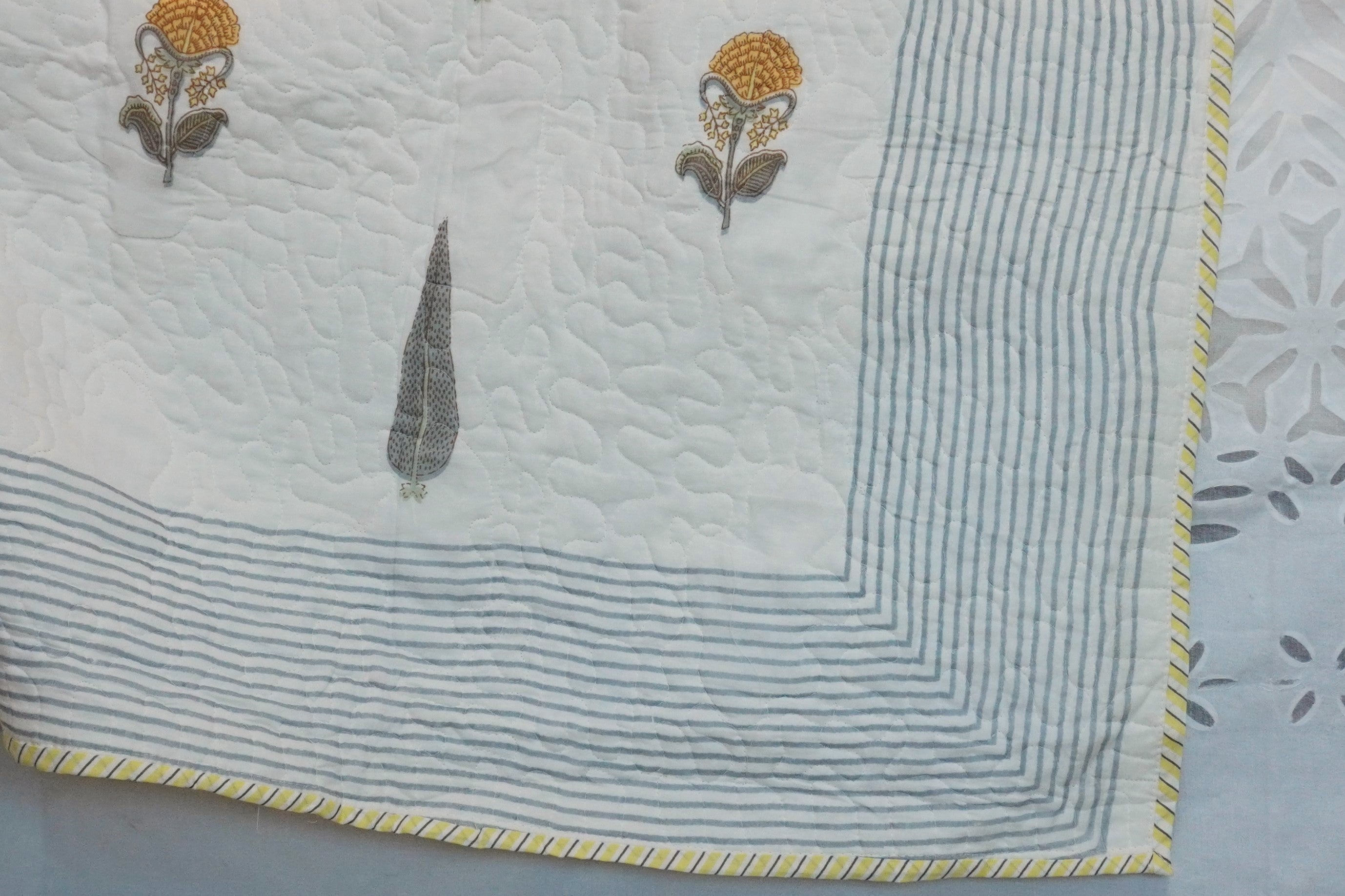 Ikebana Hand Block Printed Quilted Bedcover