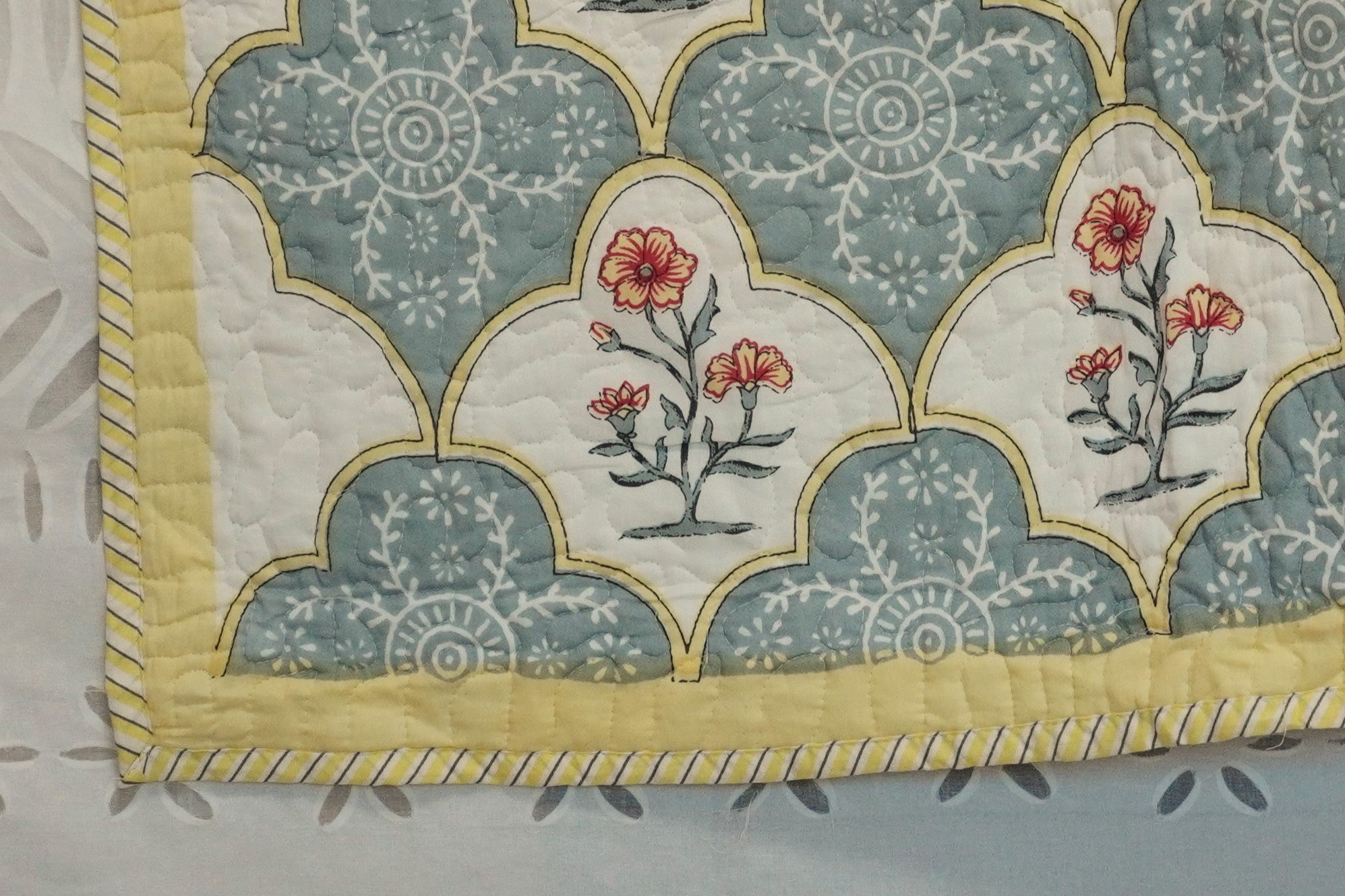 Ikebana Hand Block Printed Quilted Bedcover