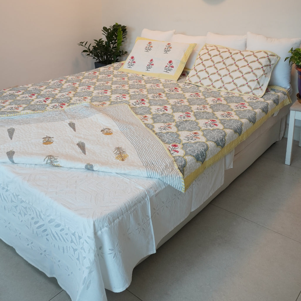 Ikebana Hand Block Printed Quilted Bedcover