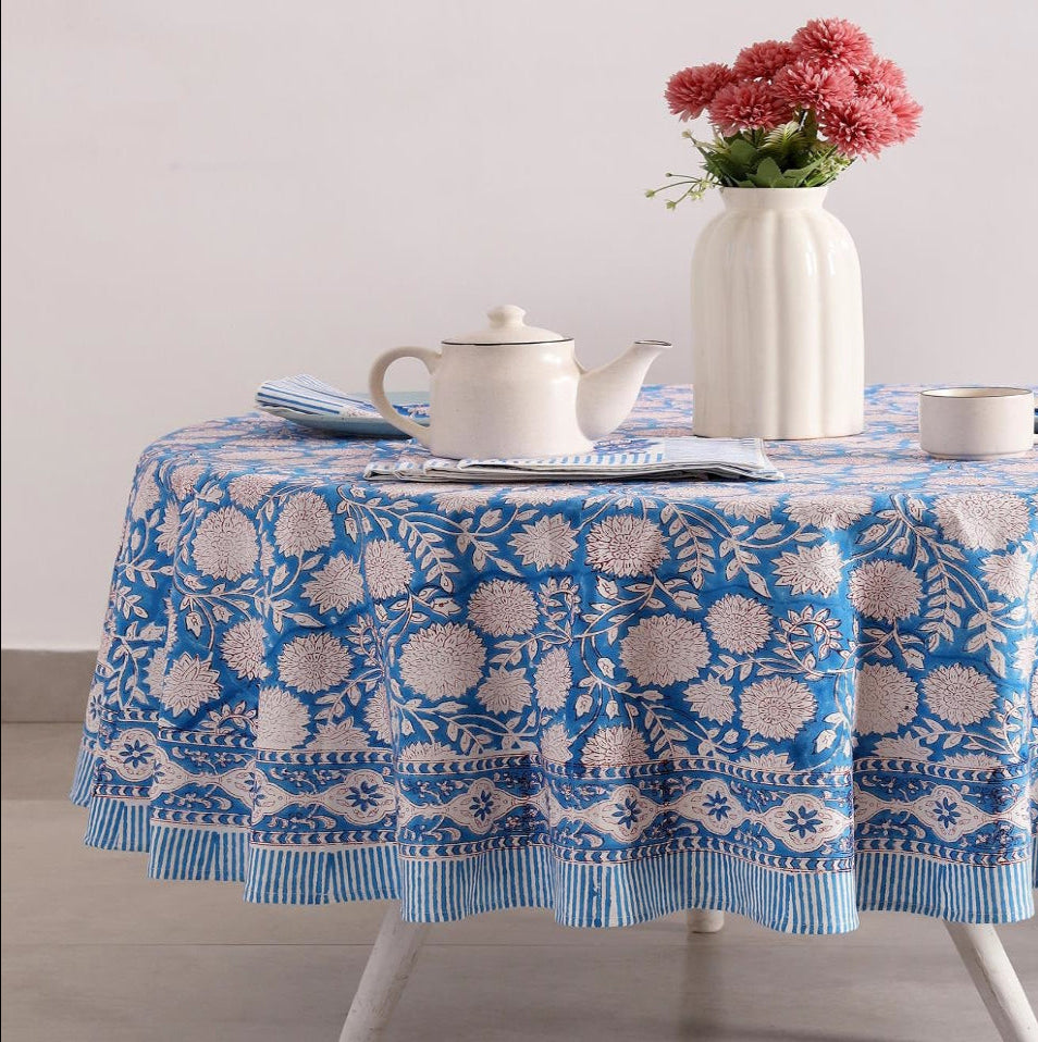 Blue Lagoon Hand Block Printed Round Table Cover