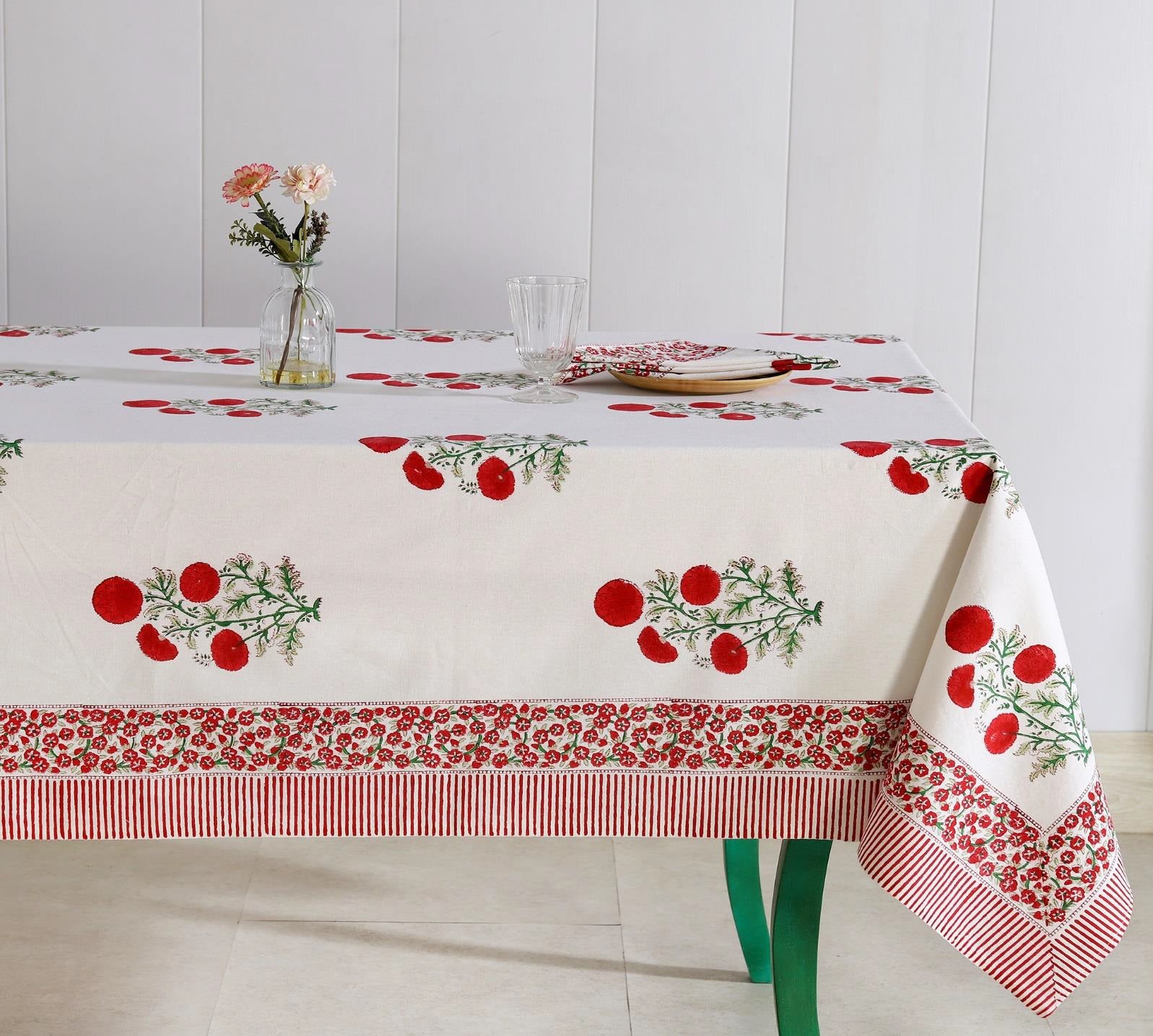 Red Zinnia Hand Block Printed Rectangle Table Cover