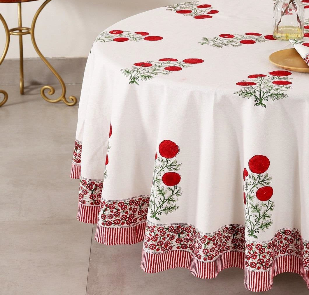 Red Zinnia Hand Block Printed Round Table Cover